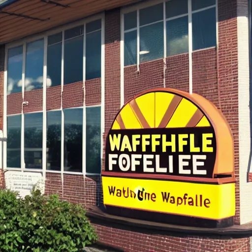 Image similar to wafflehouse employee's standing below wafflehouse sign