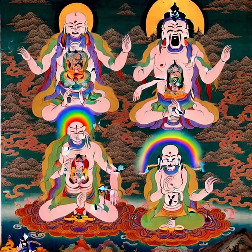 Prompt: a sacred painting of a beautiful flesh - eating timikawa with rainbow fur eating a screaming man, sitting on chair made of human limbs, the chair is floating in a lake of blood, surrounding the lake are melting trees, tibetan thangka, nightmare scene, supernatural, highly detailed, creepy, terrifying