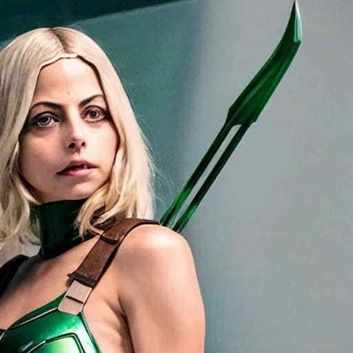 Image similar to film still of willa holland as an attractive female green arrow in the 2 0 1 7 film justice league, bleach blonde hair, focus - on - facial - details!!!!!!!!!!!!, minimal bodycon feminine costume, dramatic cinematic lighting, inspirational tone, suspenseful tone, promotional art