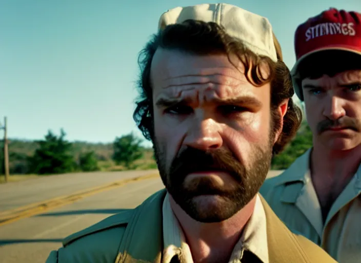 Image similar to film still of jim hopper as dustin henderson in stranger things, 8 k