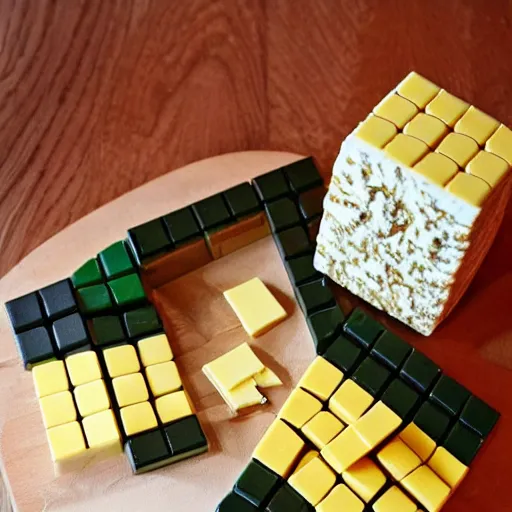 Prompt: a rubiks's cube made of gruyere, on a chees board