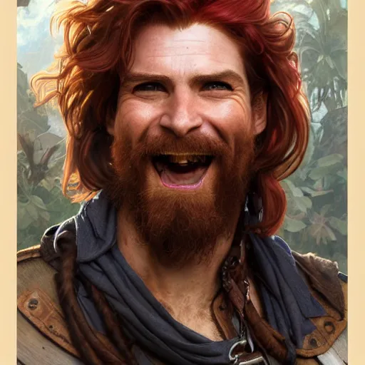 Prompt: portrait of a young ruggedly handsome but joyful pirate, male, masculine, upper body, crimson hair, long hair, d & d, fantasy, giddy smirk, intricate, elegant, highly detailed, digital painting, artstation, concept art, matte, sharp focus, illustration, art by artgerm and greg rutkowski and alphonse mucha