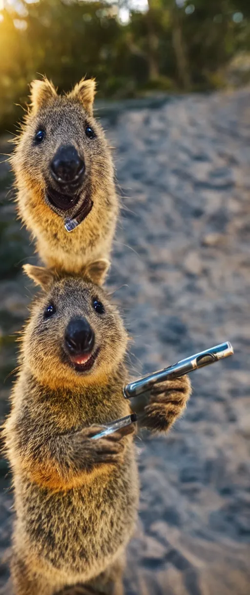 Image similar to happy quokka taking a selfie and smoking a joint, golden hour, ultra realistic