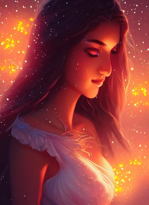 Image similar to a goddess of the night surrounded by fireflies, highly detailed, artgerm style, artstation, soft light, sharp focus, illustration, character design, concept art