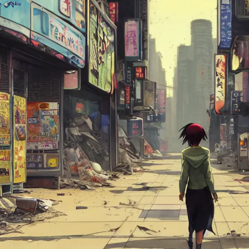 Prompt: incredible wide screenshot, ultrawide, simple watercolor, rough paper texture, ghost in the shell movie scene, backlit distant shot of girl in a parka running from a giant robot invasion side view, yellow parasol in deserted dusty shinjuku junk town, broken vending machines, bold graphic graffiti, old pawn shop, bright sun bleached ground, mud, fog, dust, windy, scary robot monster lurks in the background, ghost mask, teeth, animatronic, black smoke, pale beige sky, junk tv, texture, brown mud, dust, tangled overhead wires, telephone pole, dusty, dry, pencil marks, genius party, shinjuku, koji morimoto, katsuya terada, masamune shirow, tatsuyuki tanaka hd, 4k, remaster, dynamic camera angle, deep 3 point perspective, fish eye, dynamic scene