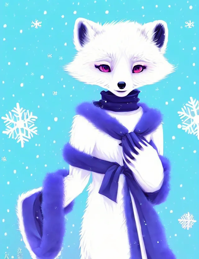 Prompt: a cute anthropomorphic arctic fox girl anthro wearing indigo ribbons and a fluffy robe, winter park background, very anime!!! kawaii!! furry!! intricate details, aesthetically complementary colors, scenic background, art by rising artists with a radically new style. trending on artstation, top rated on pixiv and furaffinity