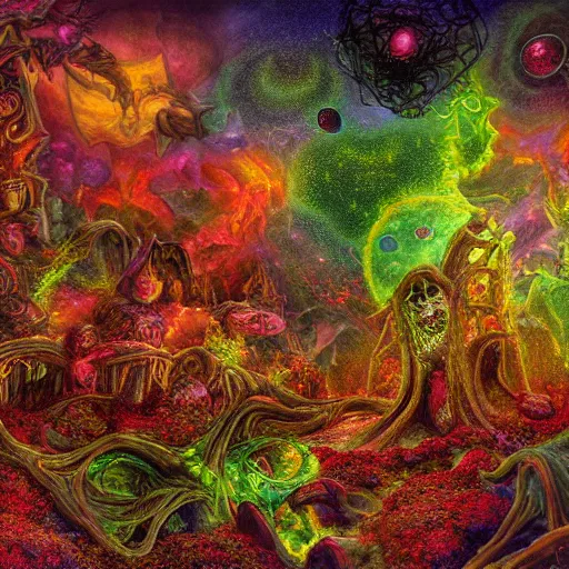 Image similar to Hell and heaven, inter dimensional villa, a heart full of envy, The Autumn Plague Gardener, Some cosmic angels, highly detailed, UE5, digital painting, HDRI, by vivid colors, high contrast, 8k resolution, intricate, beautiful and thematically complex, smooth, its softness partakes of fluidity, biodiversity in a world of change and constancy, by deiv calviz and bossmonsterbani