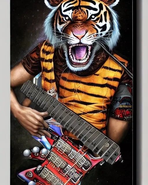 Image similar to a portrait of an anthropomorphic cyberpunk roaring tiger shredding an electric guitar as the guitar melts by sandra chevrier, by jon foster, detailed render, tape deck, epic composition, cybernetics, 4 k realistic, cryengine, realistic shaded lighting, sharp focus, masterpiece, by enki bilal