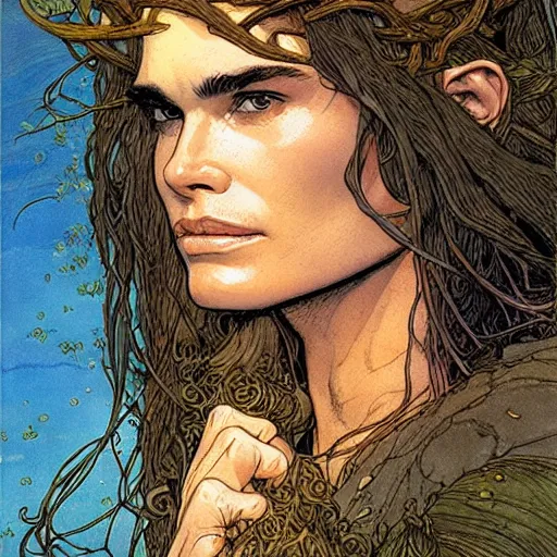 Image similar to a realistic, very beautiful and atmospheric portrait of young brooke shields aged 2 0 as a druidic warrior wizard looking at the camera with an intelligent gaze by rebecca guay, michael kaluta, charles vess and jean moebius giraud