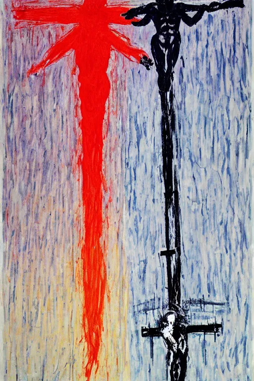 Image similar to light of god illuminating jesus christ crucified painted by cy twombly and andy warhol