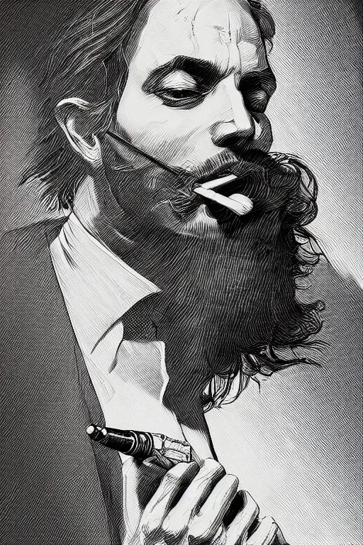 Image similar to hyperdetailed portrait of a man smoking a cigarette, by nicholas delort, artstation, smooth, graphic black and white. intricate, elegant, central composition, golden ratio,