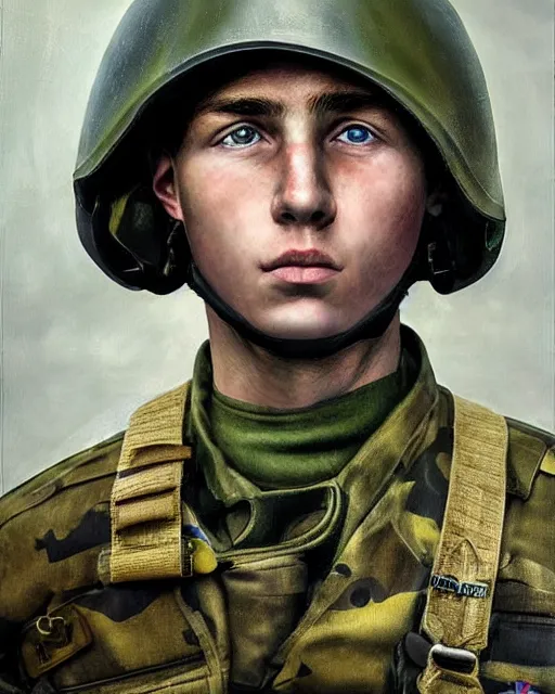 Prompt: portrait of a heroic young ukrainian soldier, art by denys tsiperko and bogdan rezunenko, hyperrealism