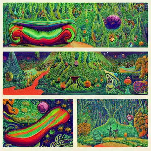 Image similar to psychedelic couch sofa in the lush forest, milky way, designed by moebius, rob gonsalves, gustav dore, giuseppe arcimboldo and carl barks, louis wain, trending on artstation, canada, star, sharp focus, colorful refracted sparkles and lines, soft light, 8 k 4 k