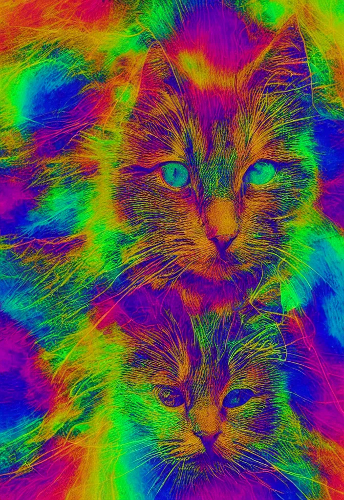 Image similar to highly detailed high resolution stacked plot of radio emissions from a pulsar, abstracted light refractions and stripy interference, making up a fluffy cat, silk screen t-shirt design in the style of FELIPE PANTONE 4K