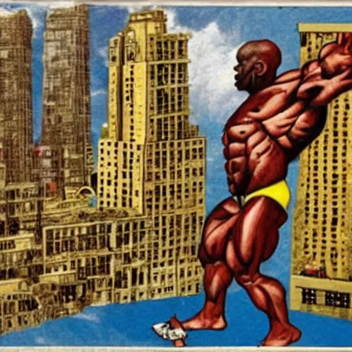 Prompt: a giant Ronnie Coleman destroying a city