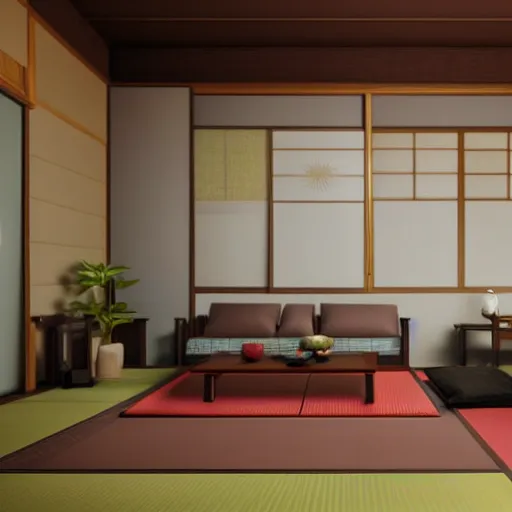 Image similar to still photo of a japanese living room, highly detailed, photorealistic portrait, bright studio setting, studio lighting, crisp quality and light reflections, unreal engine 5 quality render