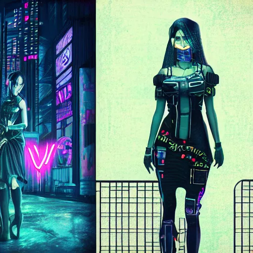 Prompt: a cyberpunk world and a gothic girl