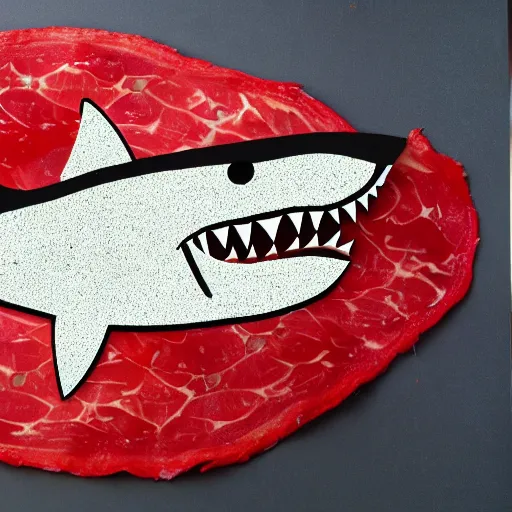 Prompt: Shark made from spiced ham