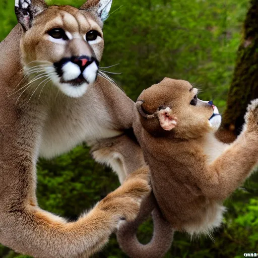 Image similar to trail cam of a mountain lion dancing with a monkey