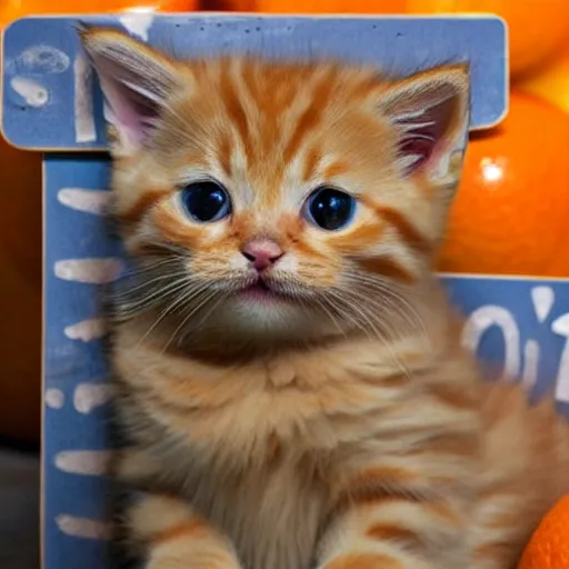 Image similar to cute fluffy orange tabby kitten with a sign that says