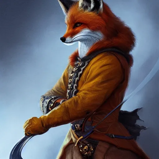 Image similar to anthropomorphic fox wielding a rapier and dagger, 17th century dutch attire, portrait, highly detailed, digital painting, artstation, concept art, sharp focus, illustration, art by artgerm and greg rutkowski and magali villeneuve, blue and gold color scheme