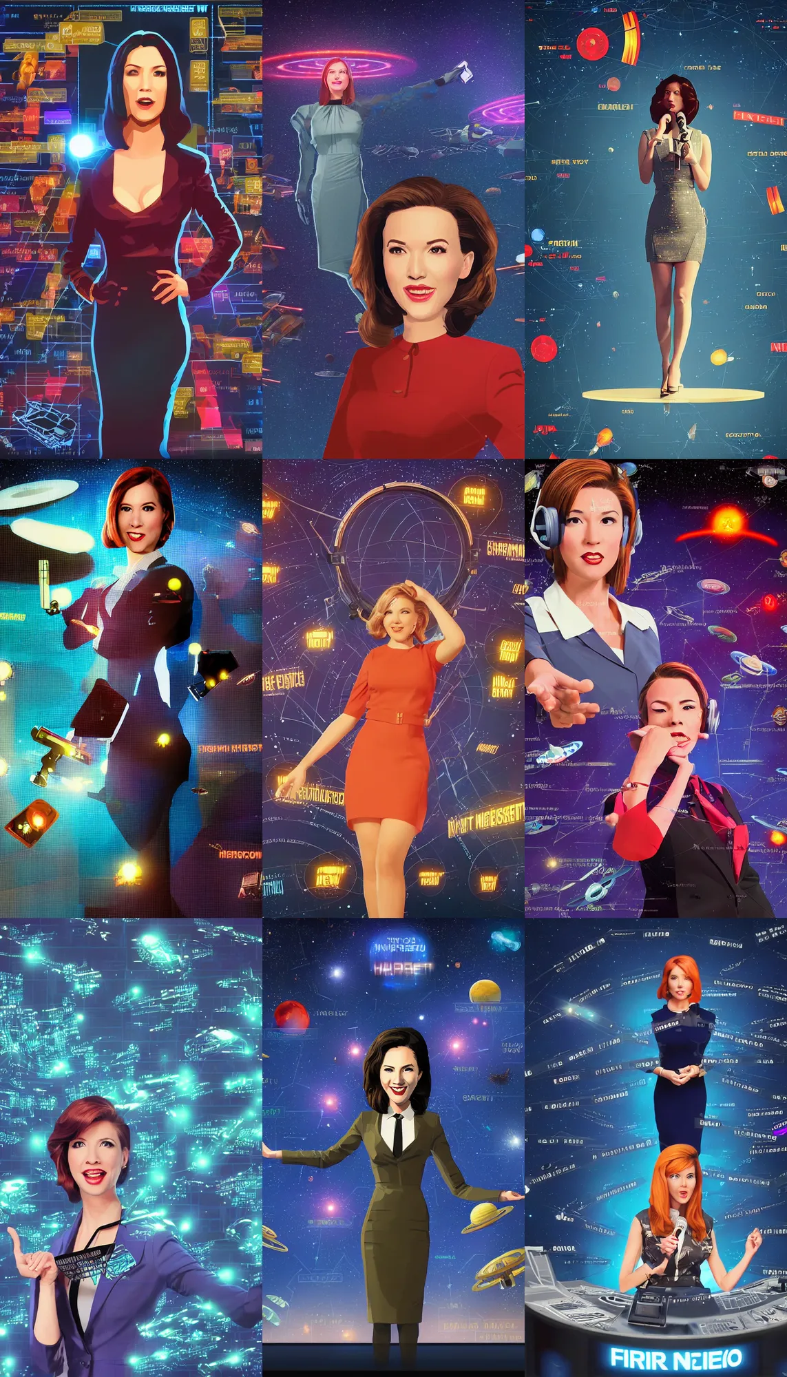 Prompt: hardmesh retro futurist screen shows jenna lee telling news as news anchor girl, dressed costume, stock prices bar, in style of firefly movie, digital art by ilya kuvshinov and greg rutkovsky, intergalactic, space, stars and nebula, tv, bbc, 5 - channel, with anchor man and woman, cinematic