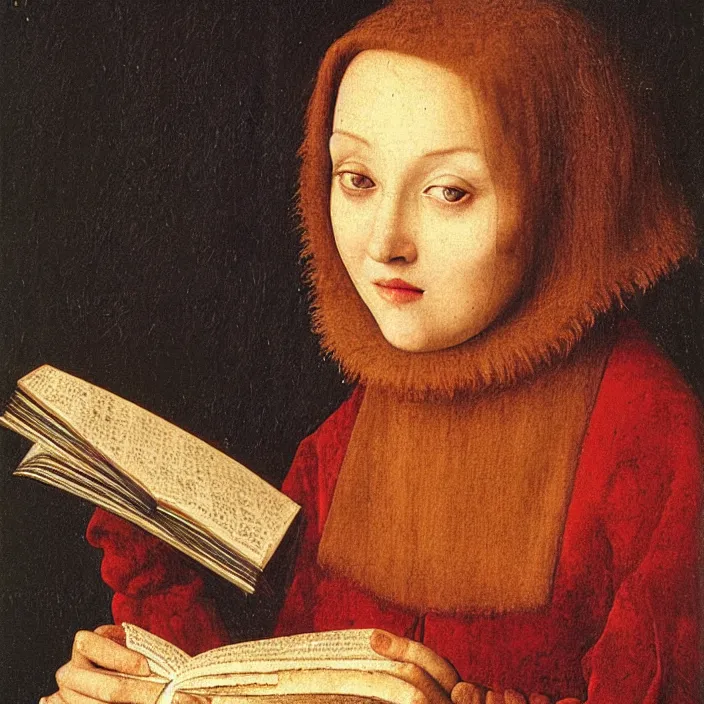 Image similar to close up portrait of a joyful young woman with her head resting on a book. with moth. sunset. jan van eyck