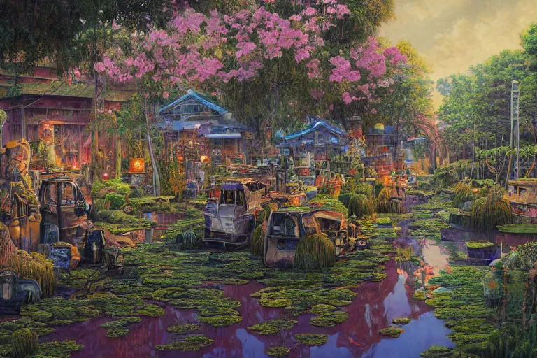 Prompt: oil painting, super - detailed scene spirited away, twilight junkyard, louisiana swamps, indigo blooming flowers garden, japanese sci - fi books art, artwork by jean giraud, hd, 4 k, high quality