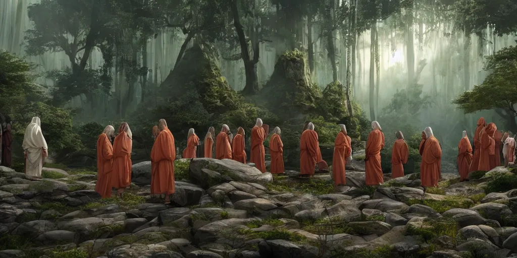 Image similar to a group of ancient sacred religious cult in robes studying in a bustling sci fi city with a large pyramid in its center built in a temperate forest with giant trees near a beach, highly detailed, intricate, digital painting, trending on artstation, concept art, matte painting, art by greg rutkwowski, craig mullins, octane render, 8 k, unreal engine
