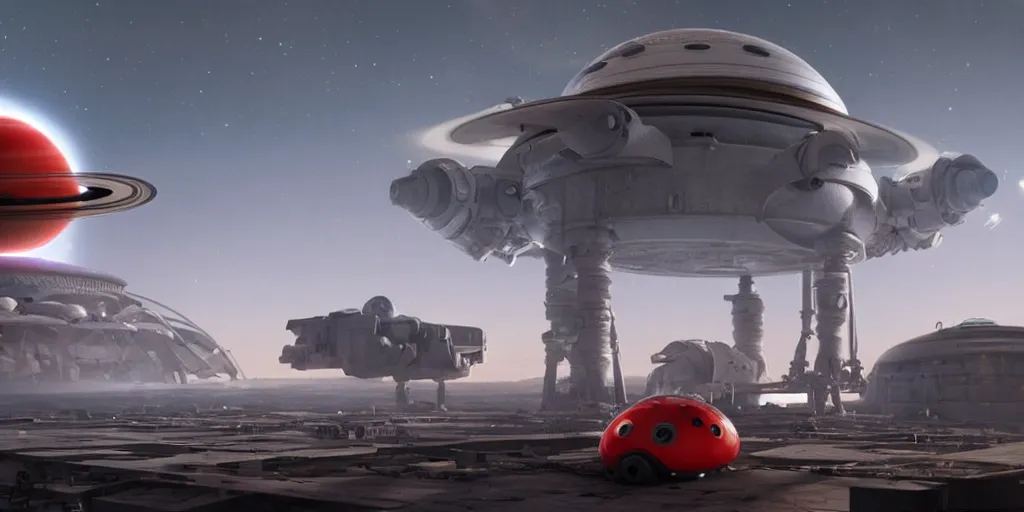 Image similar to movie still far view of a spaceship docked in space around planet saturn. huge ladybug looking robots fix the spaceship outside. detailed, cgsociety, highly detailed, dramatic lighting, coherent, octane, silent running, fifth element, 4 k.