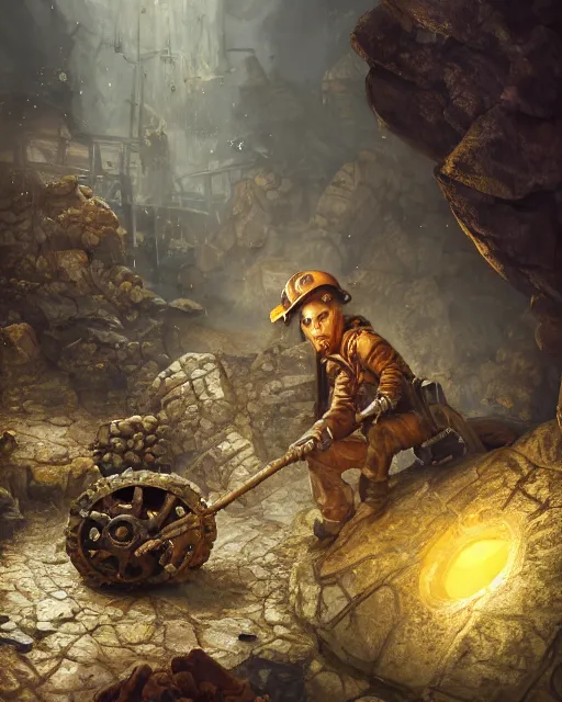 Image similar to oil painting of hamster miner mining gold with pickaxe, steampunk style, close shot, full body, narrow dark steampunk mine shaft background, sharp focus, fantasy style, octane render, volumetric lighting, 8k high definition, by greg rutkowski, highly detailed, trending on art Station, dungeons and dragons artwork, centered