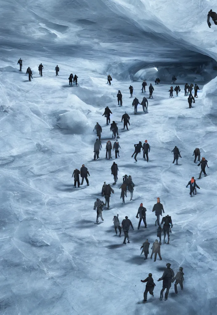 Image similar to Multiple connecting tunnels in antartica bellow thin ice, multiple people moving around the tunnels, facinating and imposing, fantasy digital art, octane render, beautiful composition, trending on artstation, award-winning photograph, masterpiece