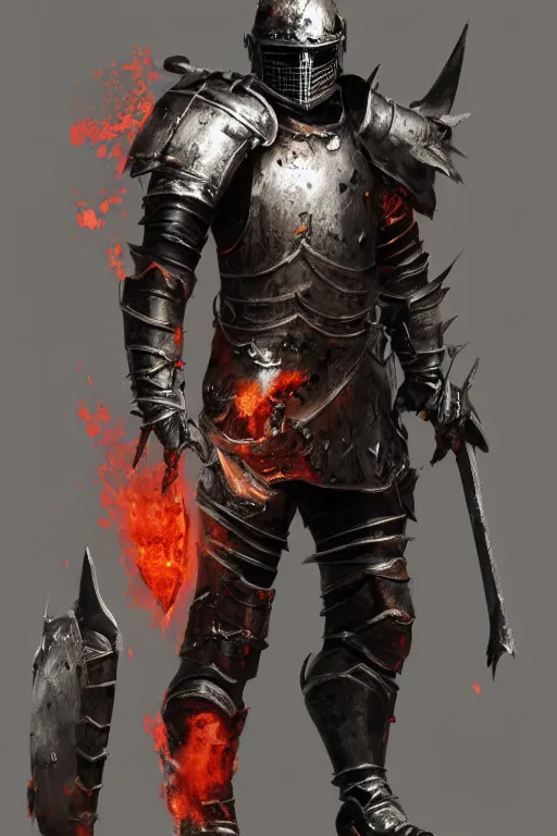 Prompt: a full body character design of an undead knight, flaming, burnt armor, dark, high detail, gritty texture, Artstation, Ruan Jia