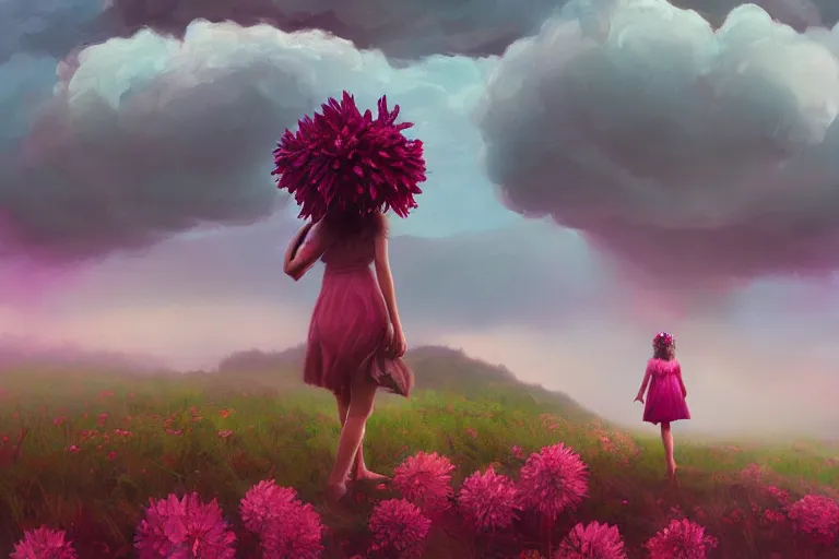 Prompt: giant dahlia flower crown head, girl walking, on mountain, surreal photography, pink storm clouds, dramatic light, impressionist painting, digital painting, artstation, simon stalenhag