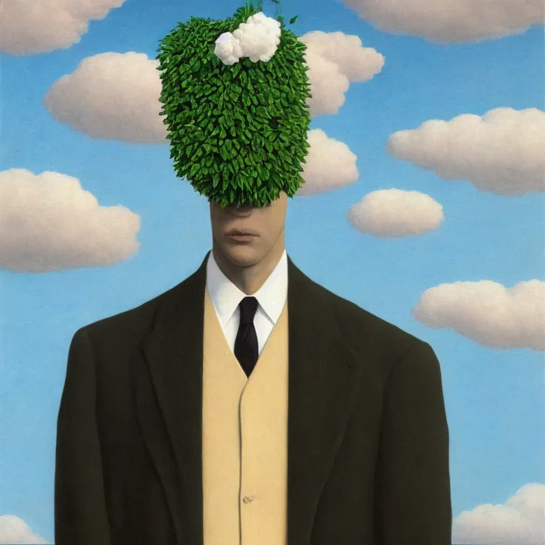 Image similar to portrait of a faceless beautiful flower - head man in a suit, clouds in the background, by rene magritte, detailed painting, distance, middle centered, hd, hq, high resolution, high detail, 4 k, 8 k