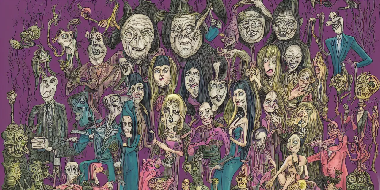 Image similar to a highly detailed image of a addams family style illustration, rich colors, surreal aliens meet the last super part 2