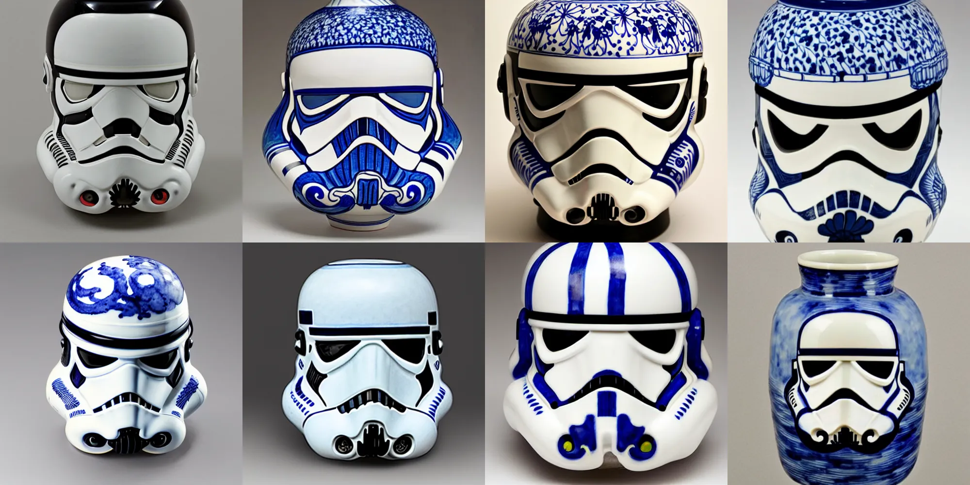 Prompt: a stormtrooper head vase, with highly detailed painted durch ceramics, art pottery, delftware, by james jean