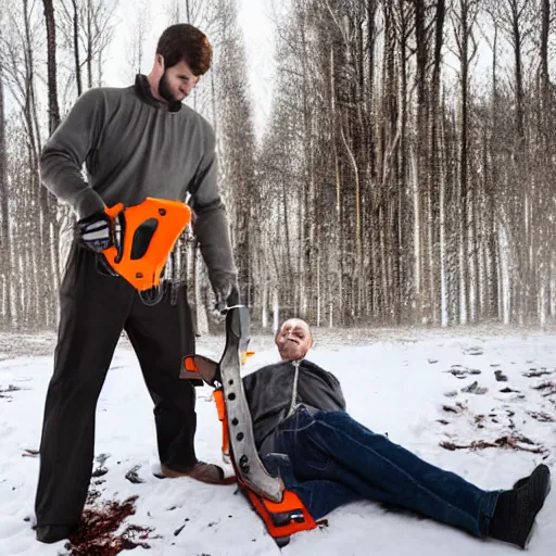 Image similar to reflexologjst approaches patient, wielding a chainsaw, stock photo, creepy grin