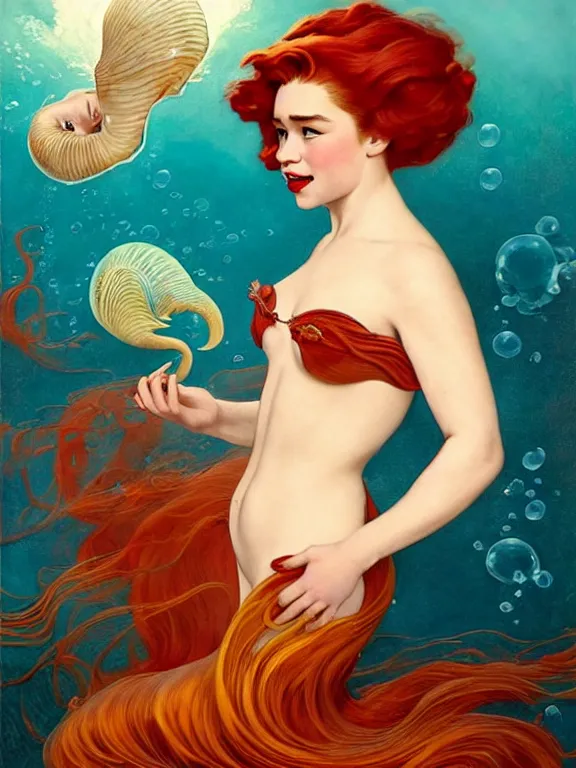 Image similar to Emilia Clarke with red hair as the little mermaid, a beautiful art nouveau portrait by Gil elvgren, beneath the ocean waves glowing jellyfish environment, centered composition, defined features, golden ratio, intricate seashell jewelry that glows, bubbles