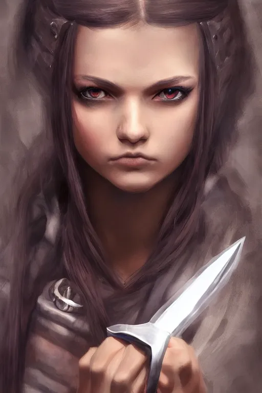 Image similar to hyper realistic, DnD portrait of a young thief girl with long dark hair and an eye path, holding a dagger between her teeth, masterpiece, trending on artstation, award-winning, 8k hq