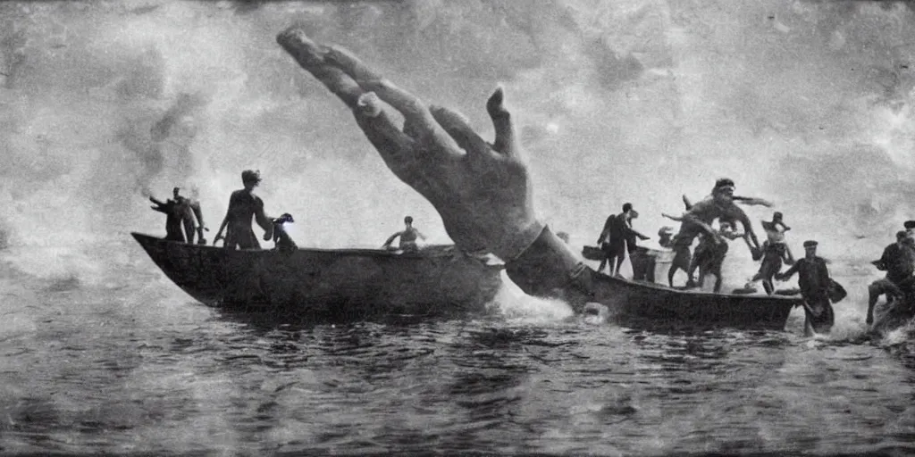 Prompt: a boat being grabbed by a giant underwater hand while people run away, 1 9 0 0 s photograph