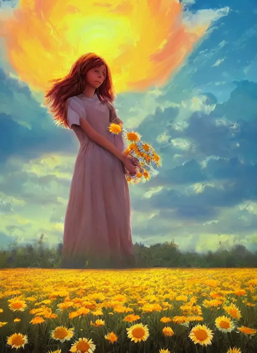 Image similar to girl face made of giant daisies, standing in a flower field, holding flowers, surreal photography, sunset dramatic light, impressionist painting, colorful clouds, large sky, digital painting, artstation, simon stalenhag