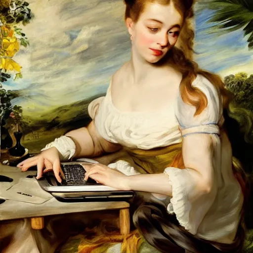 Image similar to heavenly summer sharp land sphere scallop well dressed lady working on her laptop auslese, by peter paul rubens and eugene delacroix and karol bak, hyperrealism, digital illustration, fauvist