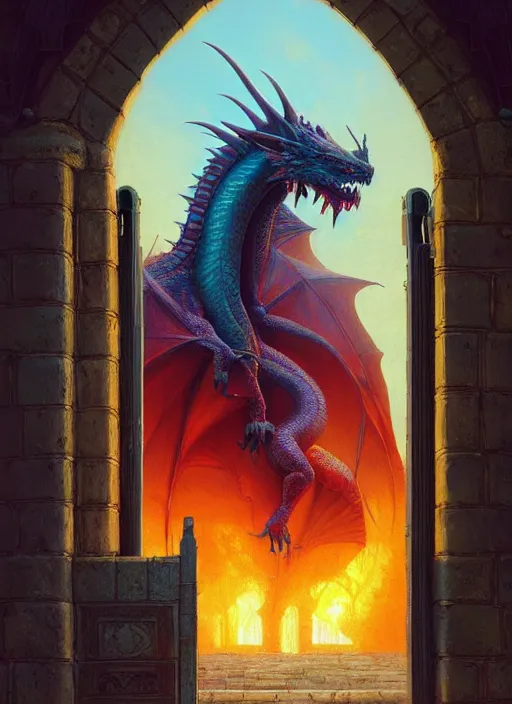 Prompt: a hyperrealism portrait of dragon guarding the gates to a castle, vibrant color scheme, highly detailed, in the style of romanticism, cinematic, artstation, moebius, greg rutkowski