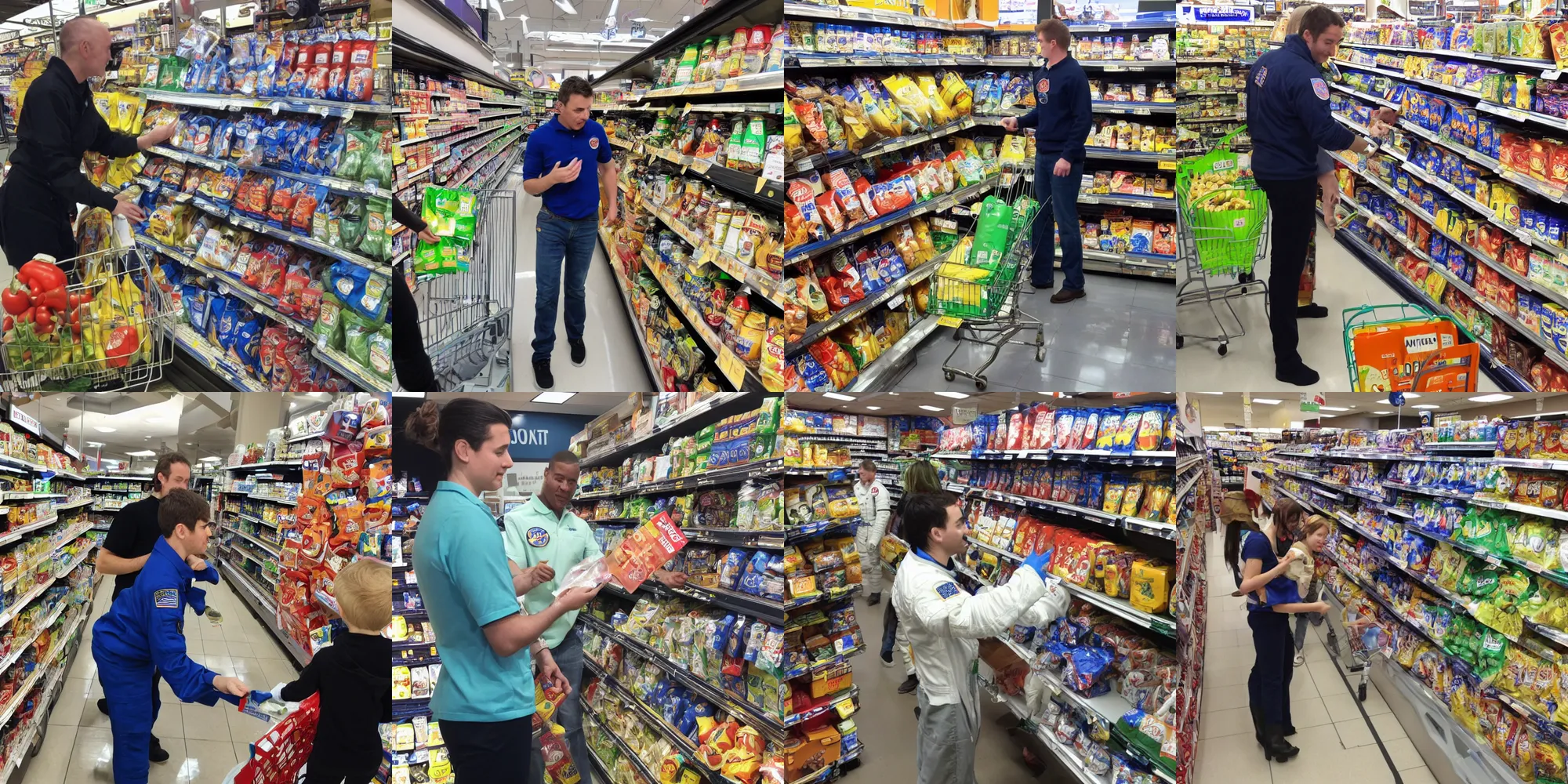 Prompt: astronaut shopping at a grocery store