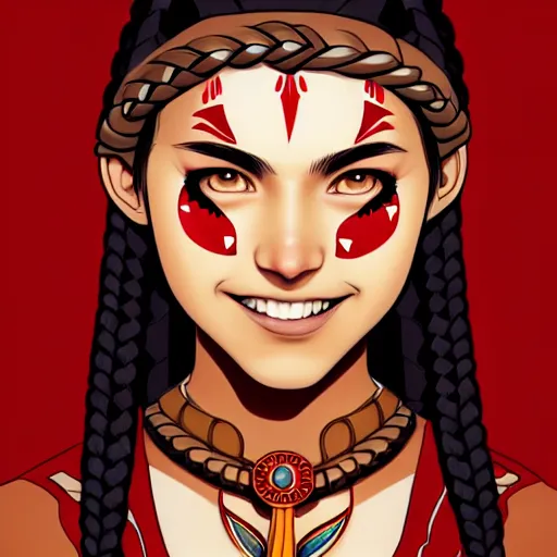 Prompt: in the style of artgerm and Andreas Rocha and Joshua Middleton, pretty Native American young woman with braids, smile on face, Symmetrical eyes symmetrical face, bead necklace, red face paint straight strip only across eyes, full body, scenic prairie in background, natural lighting, warm colors