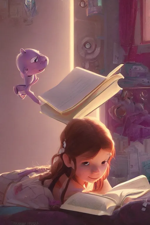 Image similar to highly detailed portrait of beautiful girl reading a book in toy story 3, detailed hands, dynamic pose, stephen bliss, unreal engine, fantasy art by greg rutkowski, loish, rhads, ferdinand knab, makoto shinkai and lois van baarle, ilya kuvshinov, rossdraws, tom bagshaw, global illumination, radiant light, detailed and intricate environment