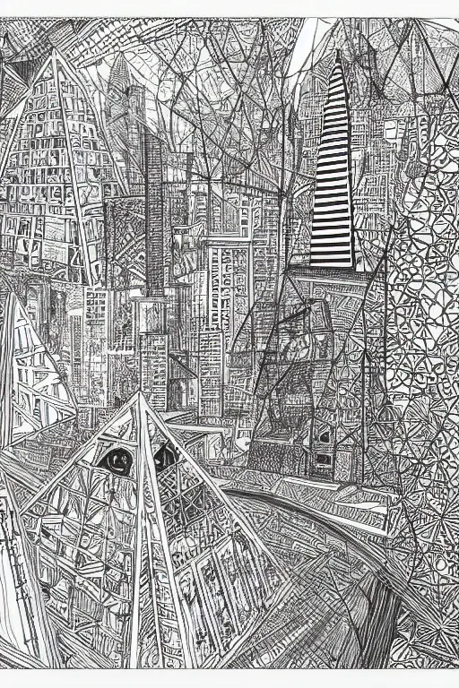 Image similar to a black and white drawing of a egyptian pyramid cityscape, a detailed mixed media collage by hiroki tsukuda and eduardo paolozzi and moebius, intricate linework, sketchbook psychedelic doodle comic drawing, geometric, street art, polycount, deconstructivism, matte drawing, academic art, constructivism