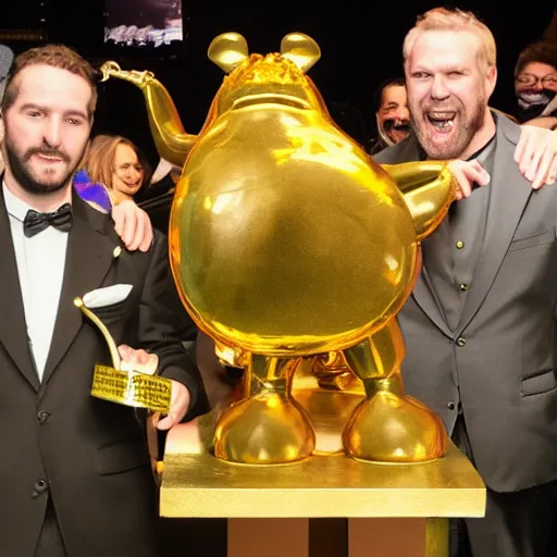 Prompt: a hippopotamus winning a big golden trophy at an outside awards ceremony. photograph.