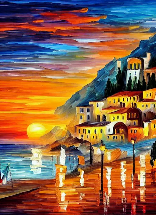 Image similar to beautiful seaside greek village at sunset in the style of leonid afremov